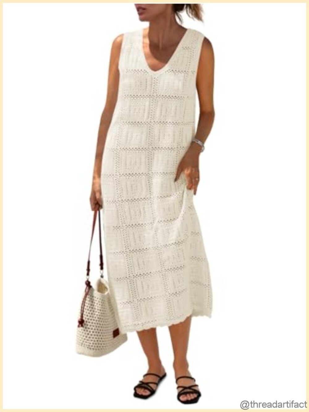 Crochet Sleeveless Midi Beach Cover Up Dress V Neck Loose Fit